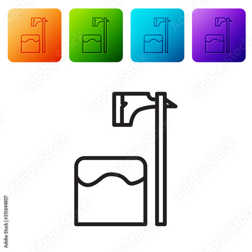 Black line Executioner axe in tree block icon isolated on white background. Hangman, torturer, executor, tormentor, butcher, headsman. Set icons in color square buttons. Vector Illustration