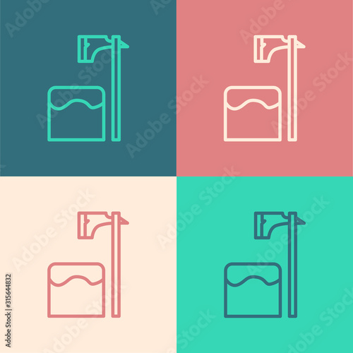 Color line Executioner axe in tree block icon isolated on color background. Hangman, torturer, executor, tormentor, butcher, headsman. Vector Illustration