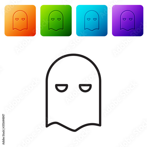 Black line Executioner mask icon isolated on white background. Hangman, torturer, executor, tormentor, butcher, headsman icon. Set icons in color square buttons. Vector Illustration