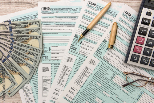 US tax form with money.