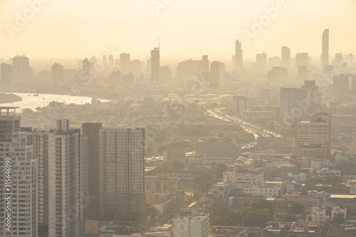 Bangkok   Thailand - 8 March 2019  Bird s eye view to show the beautiful sky and heavy traffic above the city view of Bangkok that is full of harmful PM 2.5 dust that is harmful to the body.