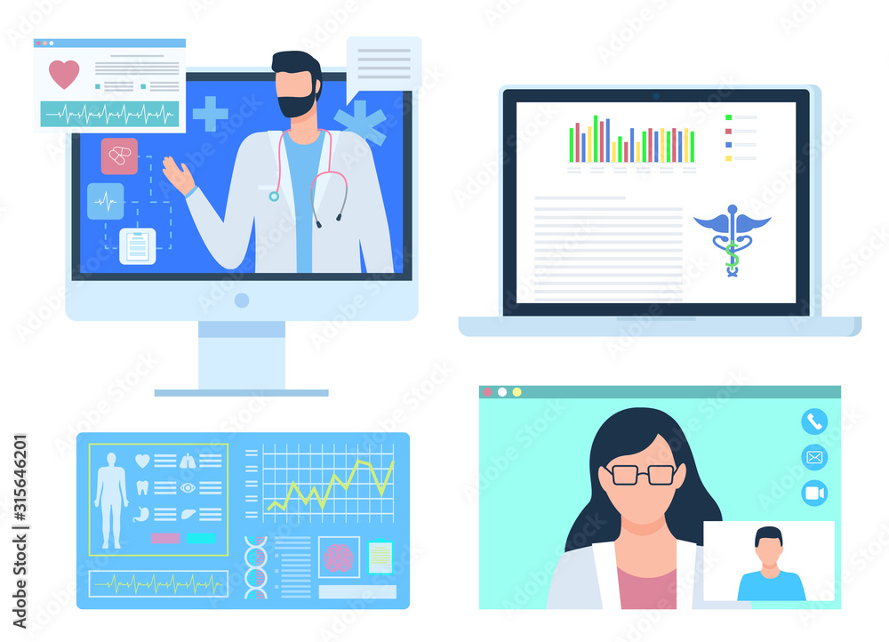 Doctors on consultation vector, man and woman professional care and info. Occupation of people healing patients, scientists in labs with analysis Doctors on consultation vector, man and woman professional care and info. Occupation of people healing patients, scientists in labs with analysis