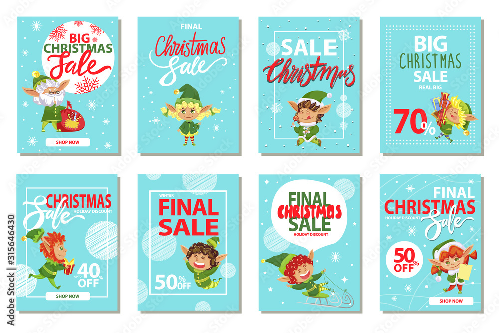 Christmas discounts, final sale 70 percent off. Promotional posters with calligraphic inscription and xmas character. Elves kids, boys and girls leprechauns on cards with bokeh effect vector