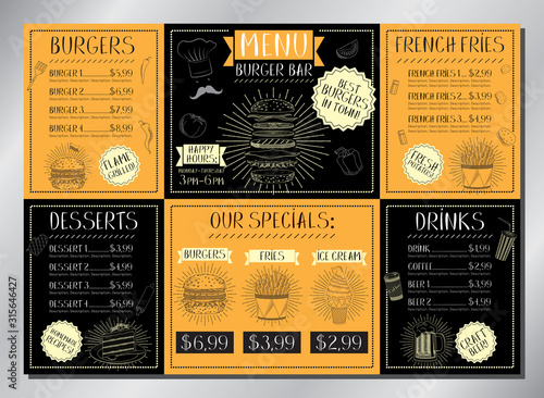 Burger bar card template - table menu (burgers, french fries, desserts, drinks) - A3 size (420x297 mm)