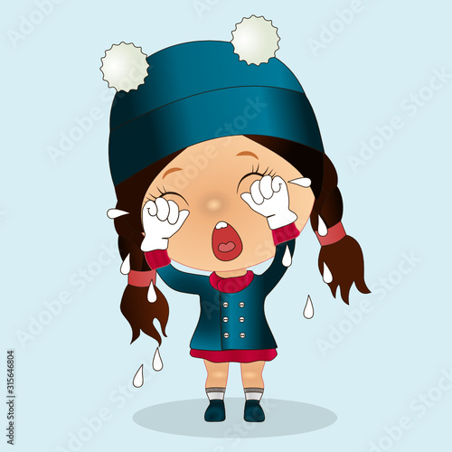 emoticon with a crying girl, from the eyes of which tears sprinkle, vector color clip art