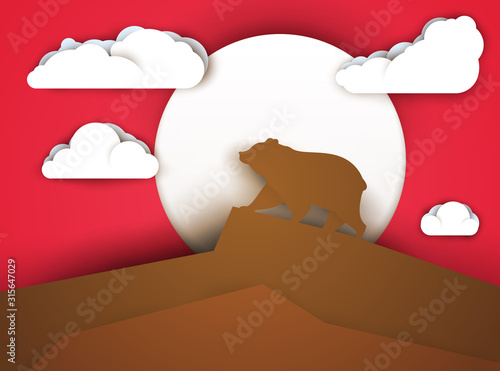 Bear standing on mountain in paper cut trendy craft cartoon style. Minimalistic creative modern design for advertising, branding background greeting card, cover, poster, banner. Vector illustration.