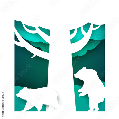 Two bears on blue forest in paper cut trendy craft cartoon style. Minimalistic creative modern design for advertising, branding background greeting card, cover, poster, banner. Vector illustration.