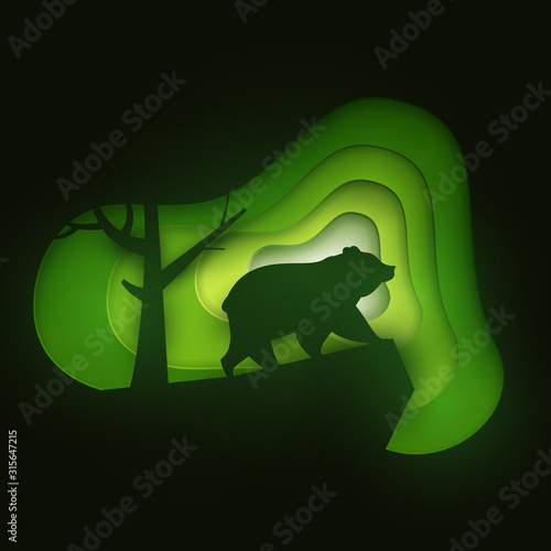 Bear standing on hill in paper cut trendy craft cartoon style. Minimalistic creative modern design for advertising, branding background greeting card, cover, poster, banner. Vector illustration.