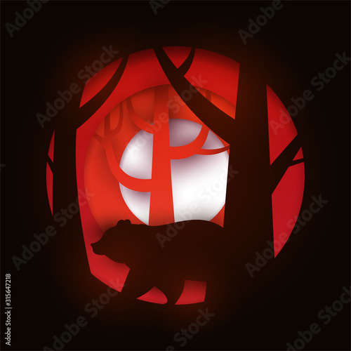 Walking bear on red forest in paper cut trendy craft cartoon style. Minimalistic creative modern design for branding background greeting card, cover, poster, banner. Vector illustration.