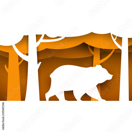 Walk bear on yellow forest in paper cut trendy cartoon style. Minimalistic creative modern design for advertising, branding background greeting card, cover, poster, banner. Vector illustration.