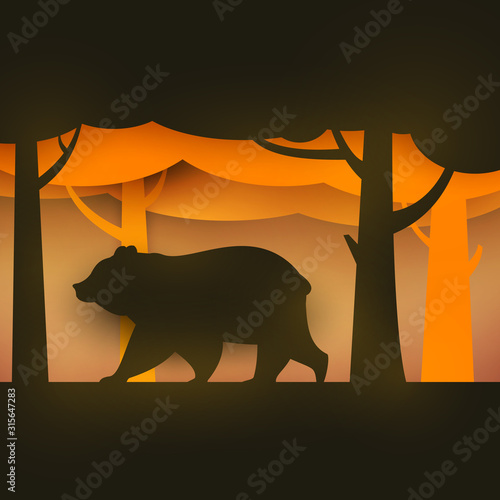 Walk bear on yellow forest in paper cut trendy cartoon style. Minimalistic creative modern design for advertising, branding background greeting card, cover, poster, banner. Vector illustration.