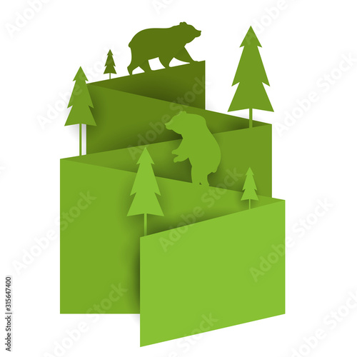Two bears on green decor in paper cut trendy craft cartoon style. Minimalistic creative modern design for advertising, branding background greeting card, cover, poster, banner. Vector illustration.
