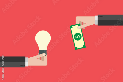 Flat design Hand holds money and hand holds light bulb. Buy idea, investing in innovation, modern technology business concept. Vector illustration