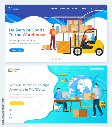 Delivery of goods to warehouse, we will deliver your car anywhere in world online. People holding box, vehicle with cardboard package. Man working with parcel in office webpage template vector