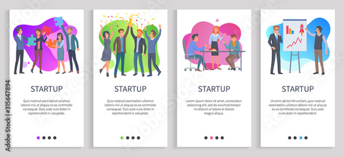 Startup of company vector, presentation with ideas and analyzed infocharts, partners and teamwork working together, workers solving problems. Website or slider app, landing page flat style