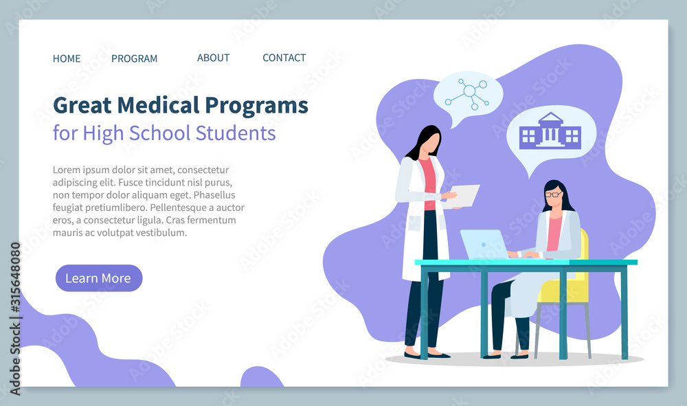 Medical programs for high school students, doctors at laboratory. People talking about university. Medical worker and colleague. Website or webpage template, landing page, vector in flat style