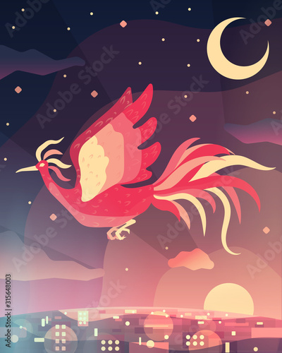 Phoenix flying over city at sunset with night sky