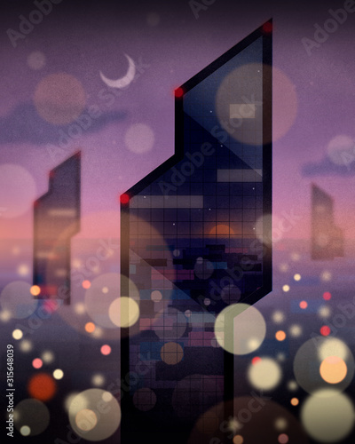 Futuristic city with skyscrapers and bokeh