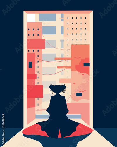 Asian woman looking out of window at futuristic city