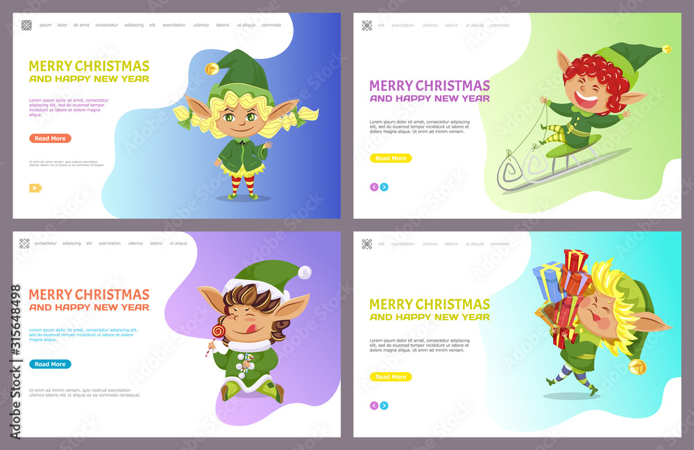 Collection of greetings for Christmas and new year. Winter holidays celebration. Elves with presents. Dwarf on sleds laughing. Website or webpage template, landing page, vector in flat style