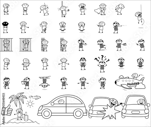 Thief - Set of Black and White Comic Concepts Vector illustrations