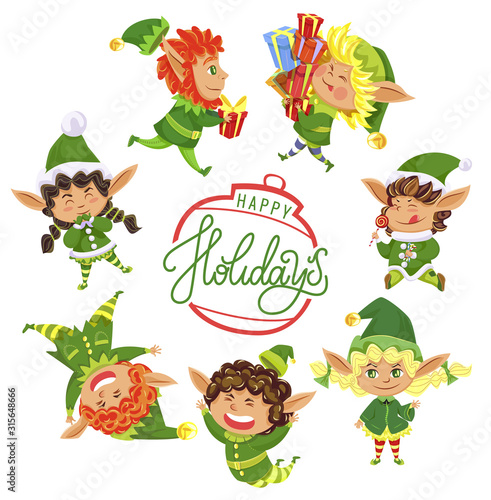 Holidays greeting card with calligraphic inscription and small elves children. Kids wearing green costumes smiling and having fun. Child carrying presents. Bauble with lettering in centerpiece vector
