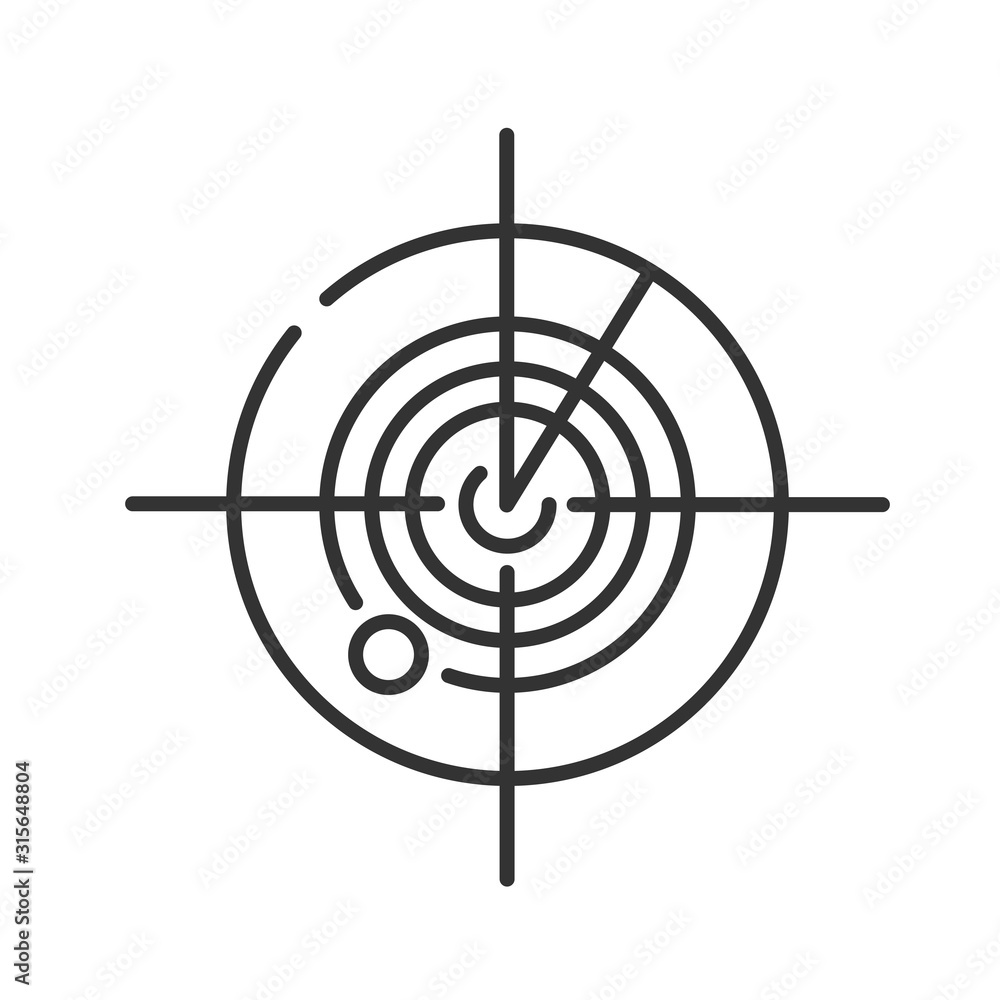 Radar black line icon. Marine or military radiolocating search system. Navy sonar. Detection screen. Location tracking. Sign for web page, mobile app, banner, social media. Editable stroke. Radar black line icon. Marine or military radiolocating search system. Navy sonar. Detection screen. Location tracking. Sign for web page, mobile app, banner, social media. Editable stroke.