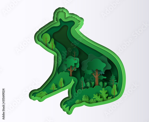 Paper art style of koala with many plants, origami save the planet and energy concept.