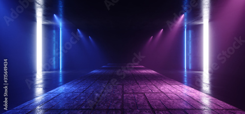 Dark Neon Glowing Club Spot Lights Catwalk Podium Stage Dance Floor Path Purple Blue Lights Led Concrete Grunge Structure 3D Rendering
