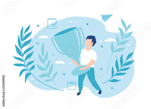 Winner holds goal reward cup. Success motivating illustration.