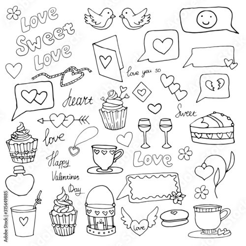 Hand drawn valentines day love symbols:hearts, arrows, sweet, speech bubbles, cupcakes, birds, wine glasses, lettering. Doodle style vector illustration.Design for seasonal cards and printed materials