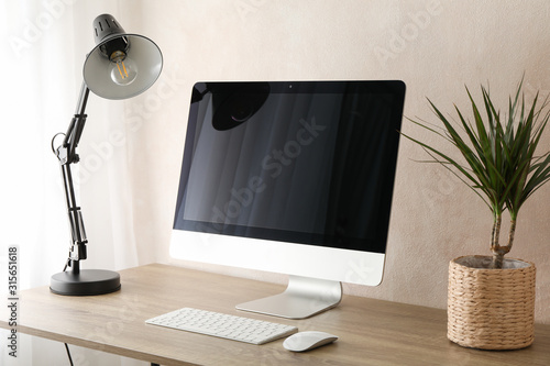 Computer, plant and lamp on wooden table. Workplace room