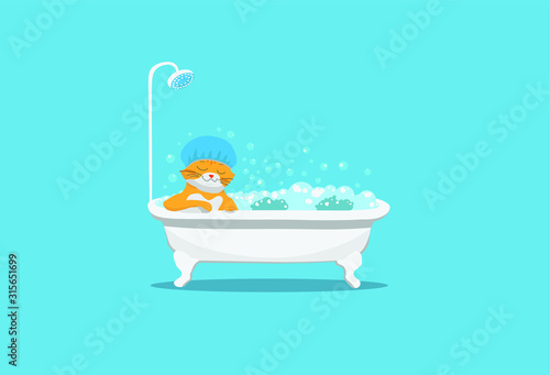 Red cat takes a bath filled with foam and bubbles, in a dark blue shower cap, happy face, on a dark blue background