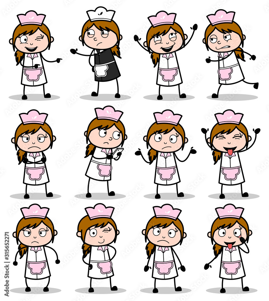 Different Poses of Comic Waitress - Set of Concepts Vector illustrations Different Poses of Comic Waitress - Set of Concepts Vector illustrations
