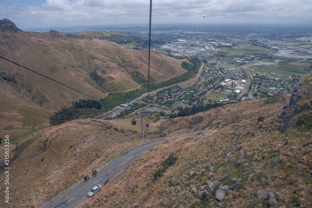 Christchurch. Cable car. Mountains. New Zealand. Aerial. Christchurch. Cable car. Mountains. New Zealand. Aerial.