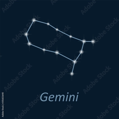Science astronomy, stars on deep blue background. Vector night sky and zodiac. Gemini constellation.