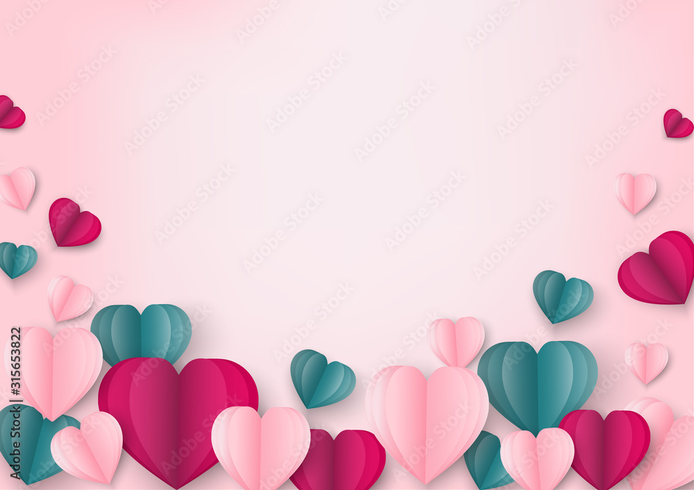 Paper art of love and Origami made shape of heart on pastel pink flying with copy space.. Mother's Day,Happy Women,Vector Valentine's Day and paper cut concept.