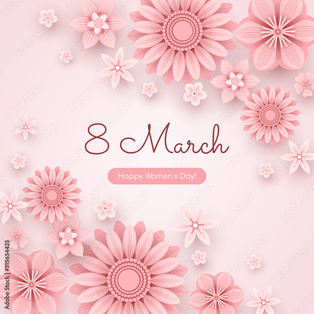 Square 8 March greeting card. Banner template with congratulation - Happy Women's Day. Pink flat flowers isolated on light background. Paper art style.