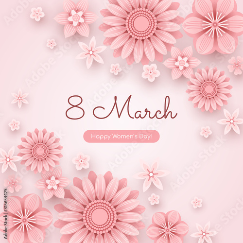 Square 8 March greeting card. Banner template with congratulation - Happy Women s Day. Pink flat flowers isolated on light background. Paper art style.