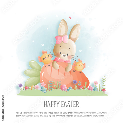 Easter card with cute bunny and chicken in paper cut style. Vector illustration