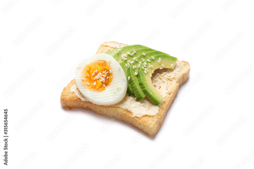 Toast with avocado and egg isolated on white background Toast with avocado and egg isolated on white background