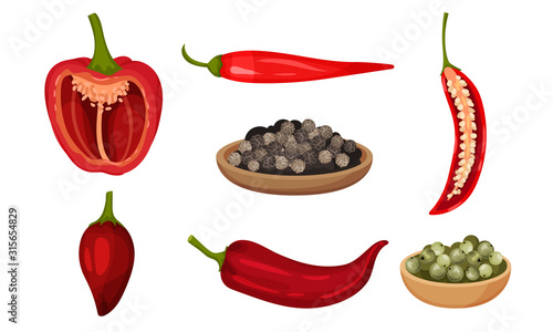 Crossed Cut Bell Pepper and Red Hot Pepper Vector Set