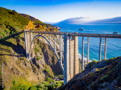 Bixby Creek Bridge,Highway 1 and Big Sur coast California. Bixby Canyon Bridge in California and Big Sur one of most beautiful coastlines in the world photo
