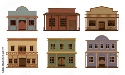 Western Wooden Saloon Bars and Buildings Vector Set