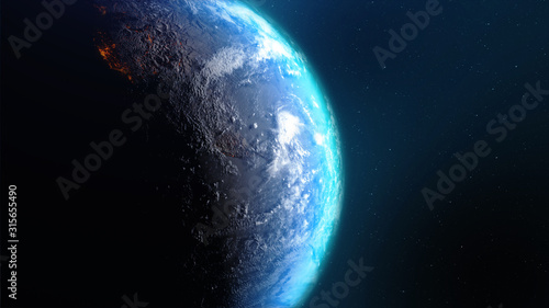 Fototapeta Naklejka Na Ścianę i Meble -  3D Rendering earth with world map hot terrain cloud and water against the space with noise and grain processed image furnished by NASA