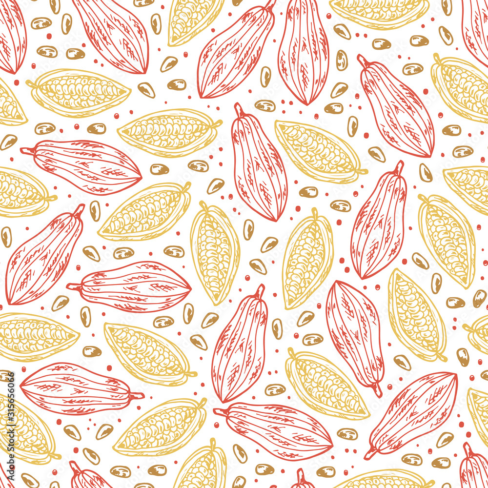 Hand drawn doodle Cocoa fruits and cocoa beans Seamless pattern Hand drawn doodle Cocoa fruits and cocoa beans Seamless pattern