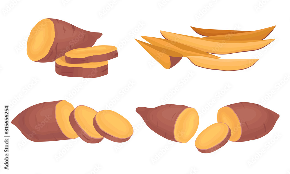 Obraz premium Chopped and Cut into Slices Sweet Potatoes Vector Set