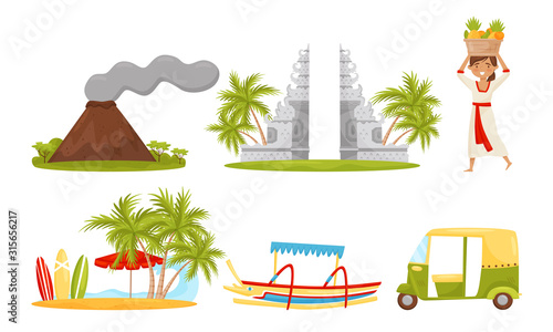 Bali Symbols Vector Set. Famous and Favorite Tourist Destination