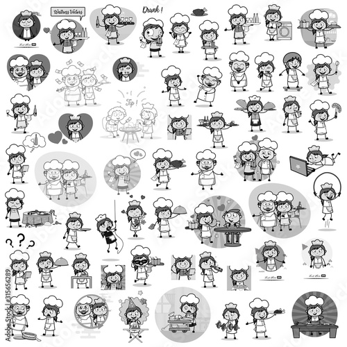 Cartoon Waitress - Set of Concepts Vector illustrations