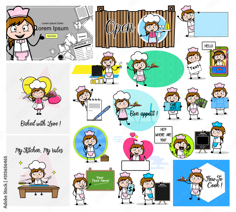Collection of Cartoon Waitress Concepts - Set of Comic Vector illustrations